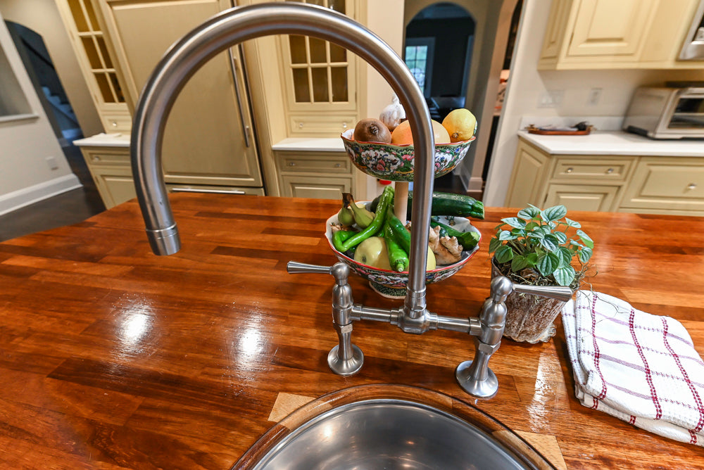 Custom Traditional "Clive-esque" Kitchen with Marble Countertops, Wood Top Island and Appliances