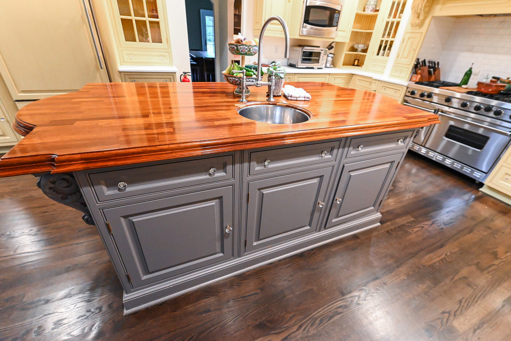 Custom Traditional "Clive-esque" Kitchen with Marble Countertops, Wood Top Island and Appliances