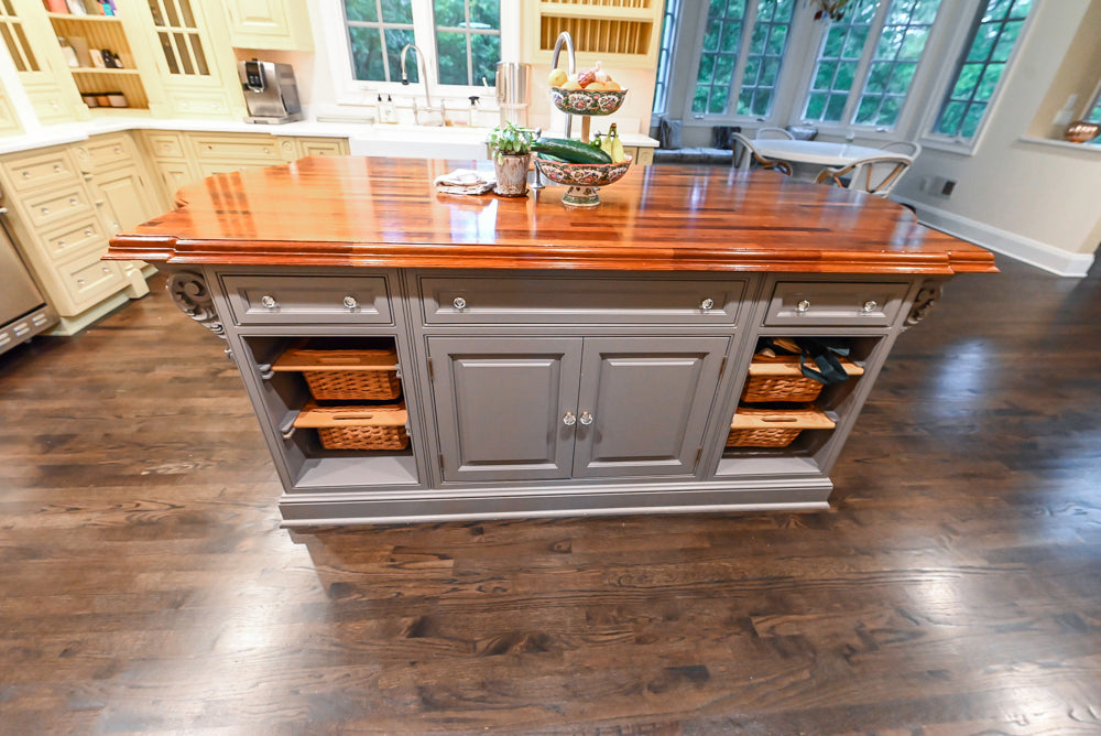 Custom Traditional "Clive-esque" Kitchen with Marble Countertops, Wood Top Island and Appliances