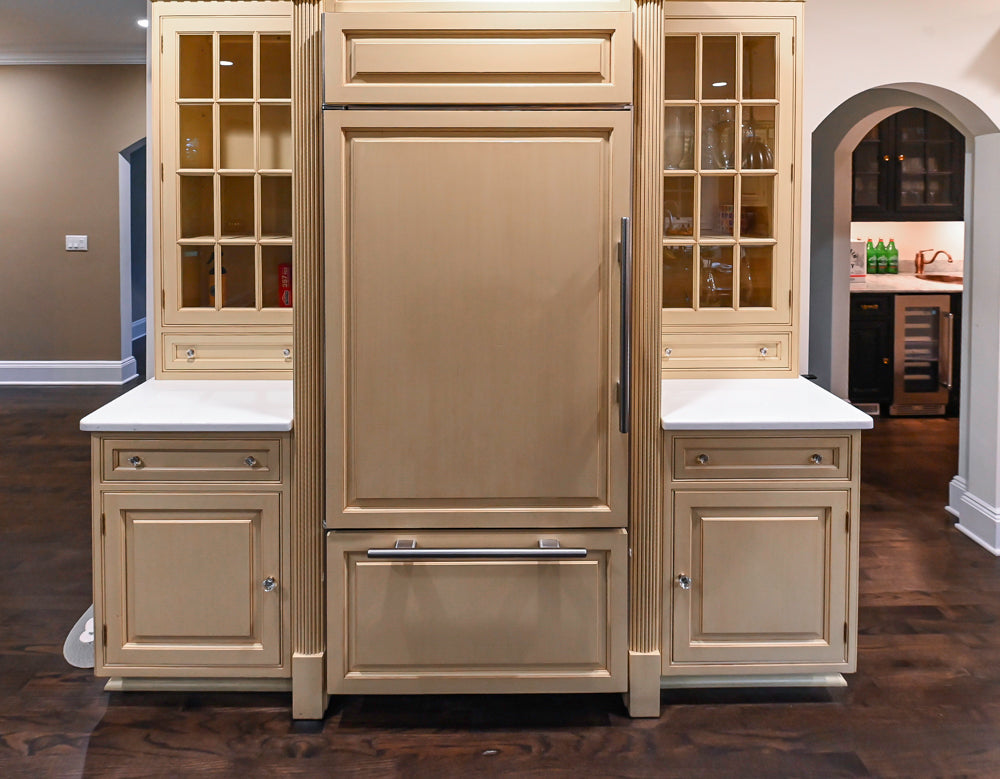 Custom Traditional "Clive-esque" Kitchen with Marble Countertops, Wood Top Island and Appliances