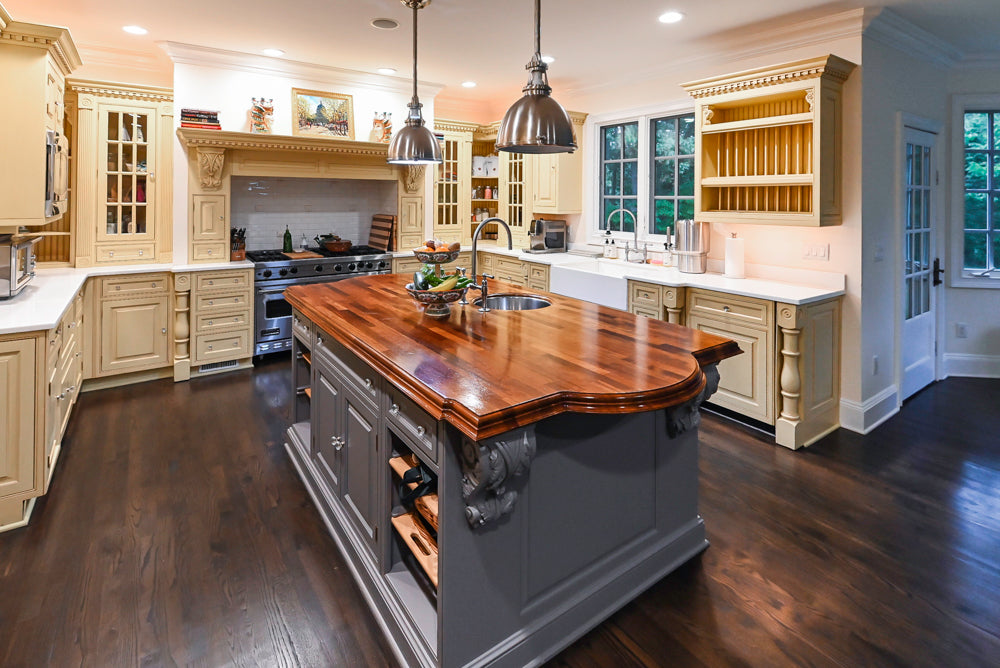 Custom Traditional "Clive-esque" Kitchen with Marble Countertops, Wood Top Island and Appliances