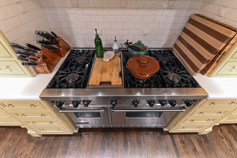 Custom Traditional "Clive-esque" Kitchen with Marble Countertops, Wood Top Island and Appliances
