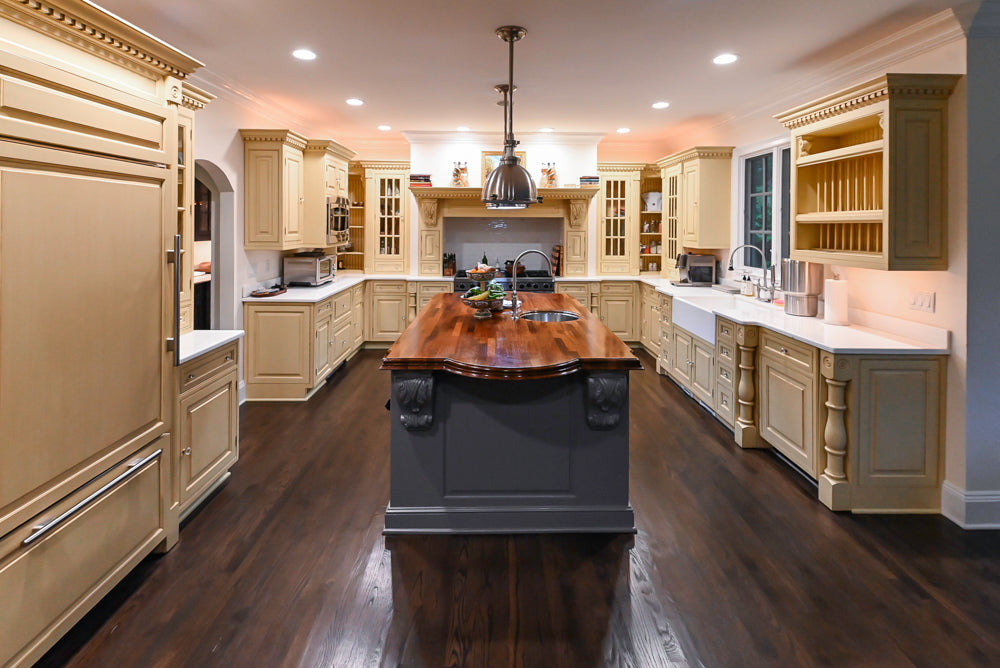 Custom Traditional "Clive-esque" Kitchen with Marble Countertops, Wood Top Island and Appliances