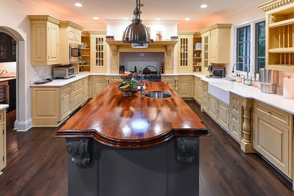 Custom Traditional "Clive-esque" Kitchen with Marble Countertops, Wood Top Island and Appliances