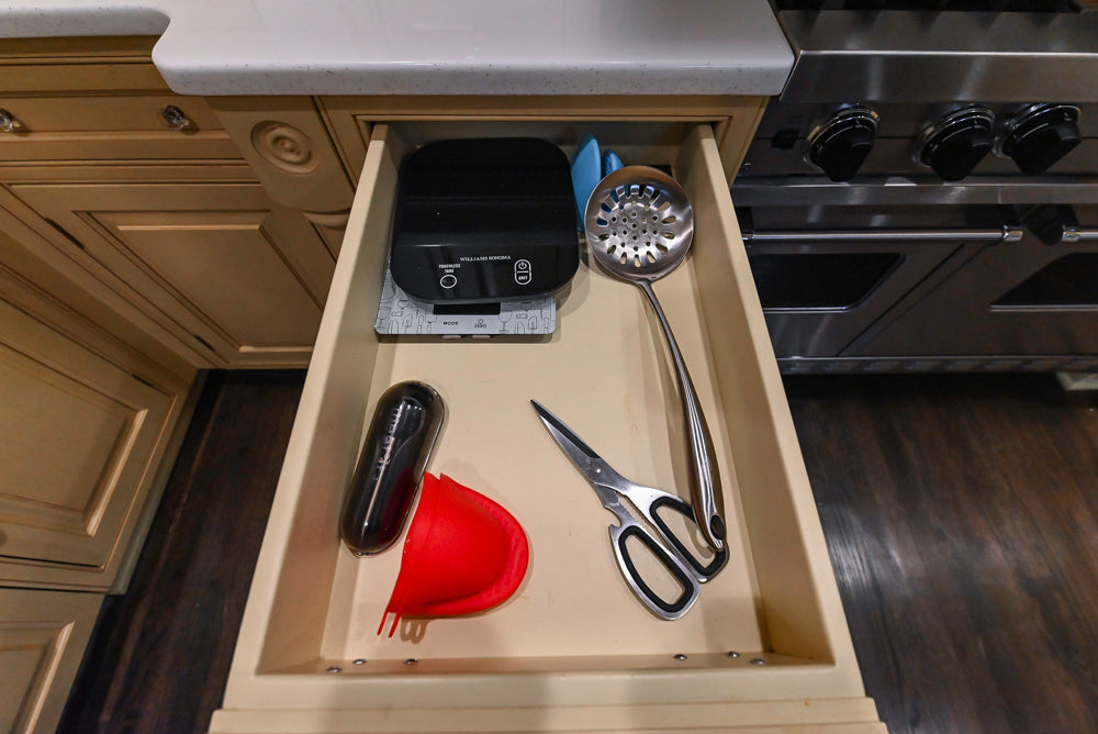 Custom Traditional "Clive-esque" Kitchen with Marble Countertops, Wood Top Island and Appliances
