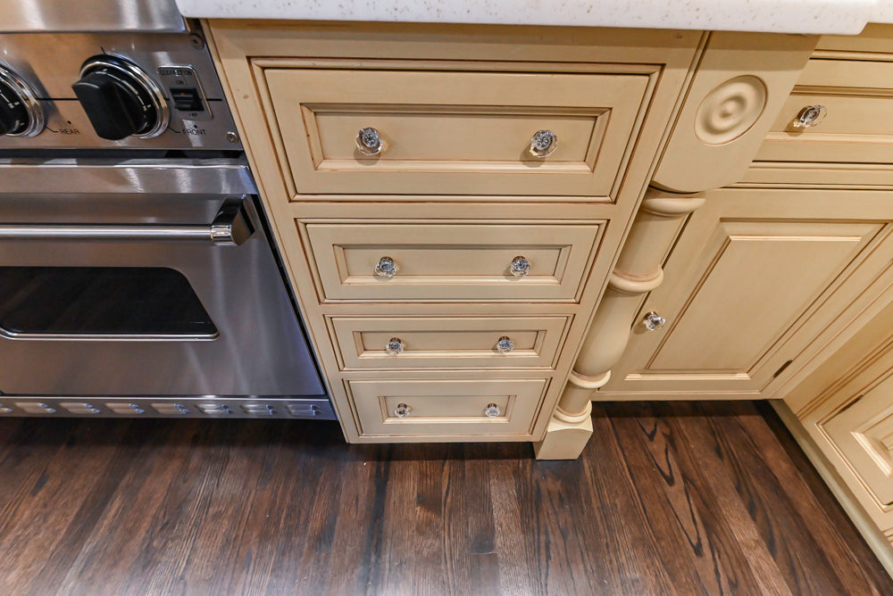 Custom Traditional "Clive-esque" Kitchen with Marble Countertops, Wood Top Island and Appliances
