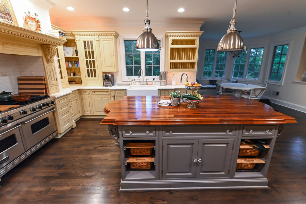 Custom Traditional "Clive-esque" Kitchen with Marble Countertops, Wood Top Island and Appliances