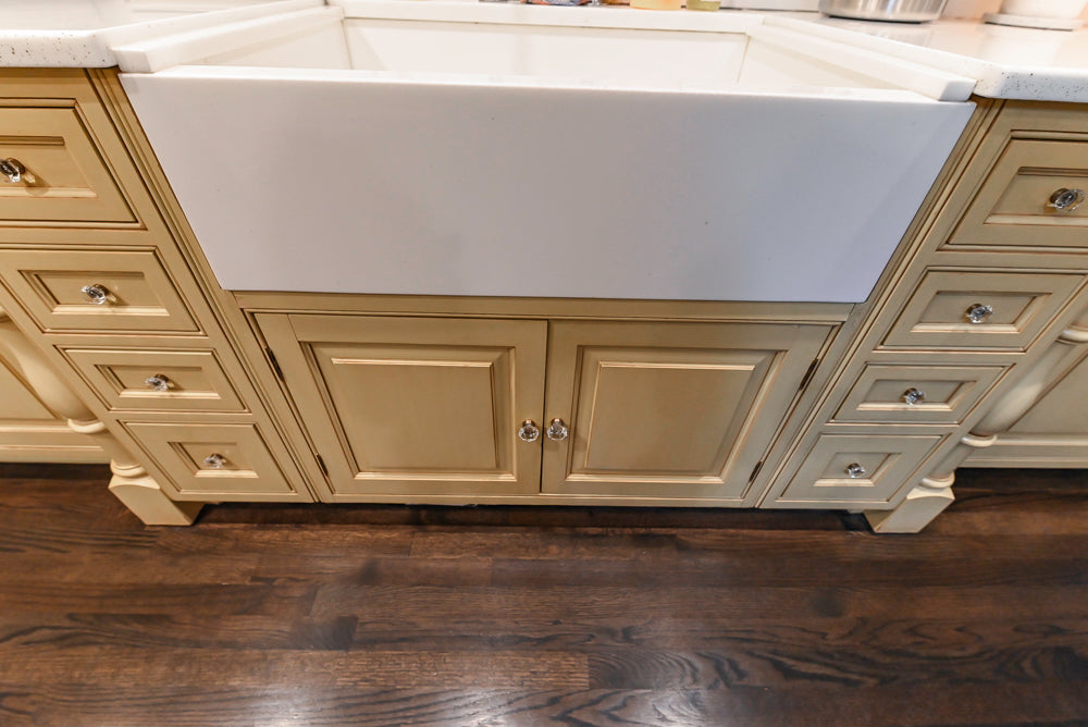 Custom Traditional "Clive-esque" Kitchen with Marble Countertops, Wood Top Island and Appliances