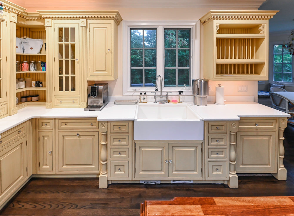 Custom Traditional "Clive-esque" Kitchen with Marble Countertops, Wood Top Island and Appliances