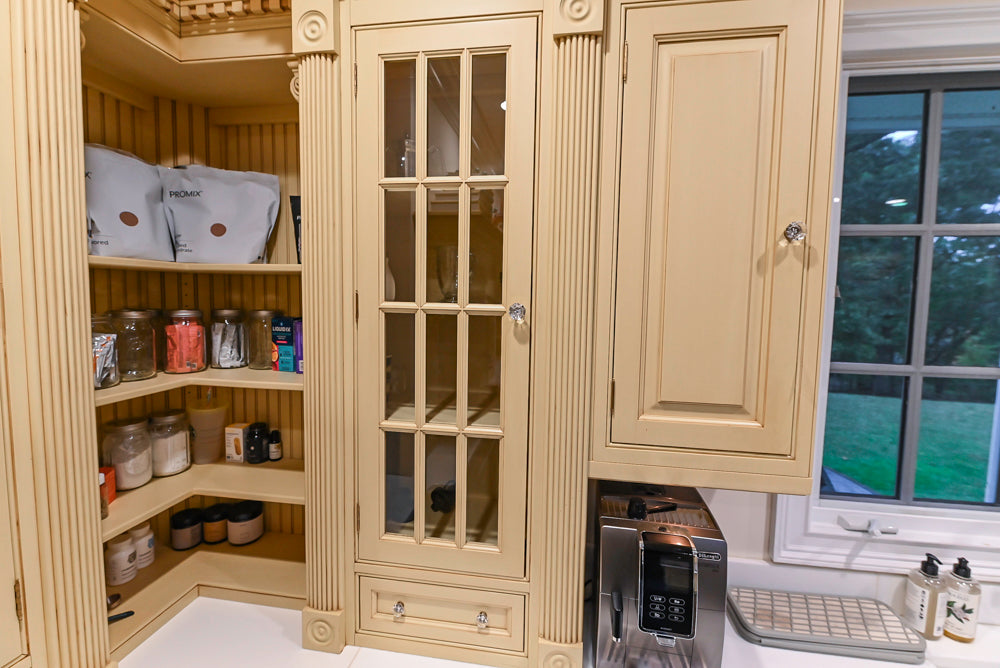 Custom Traditional "Clive-esque" Kitchen with Marble Countertops, Wood Top Island and Appliances