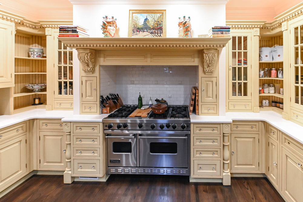 Custom Traditional "Clive-esque" Kitchen with Marble Countertops, Wood Top Island and Appliances