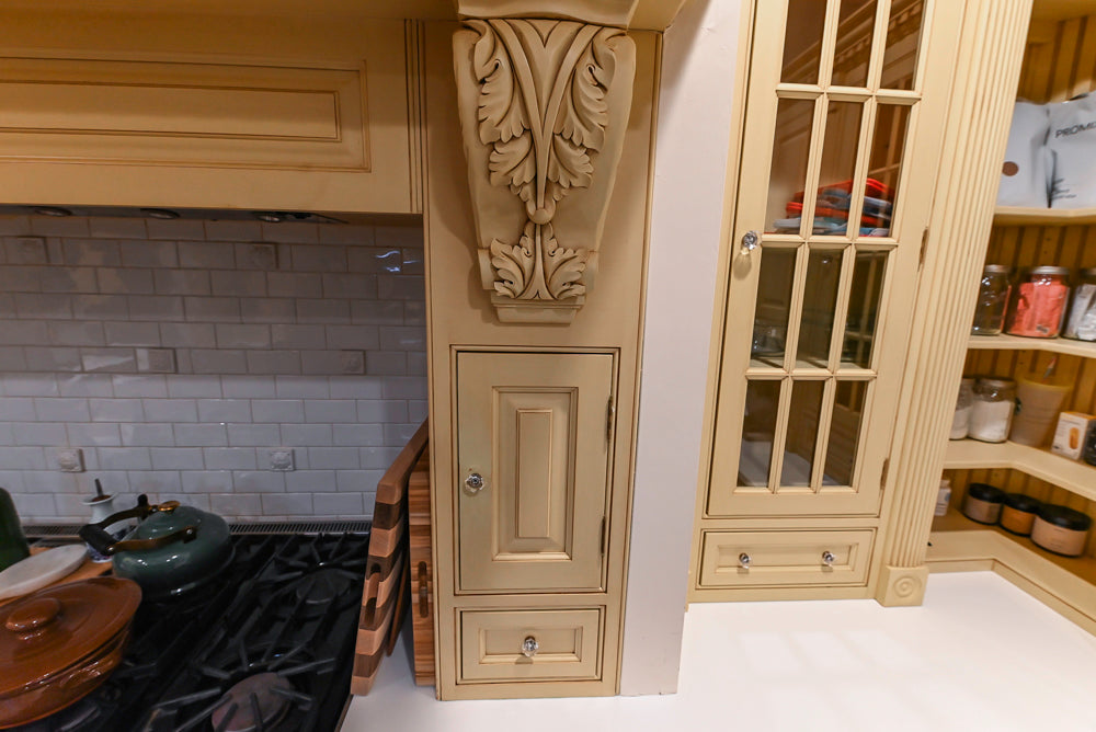 Custom Traditional "Clive-esque" Kitchen with Marble Countertops, Wood Top Island and Appliances