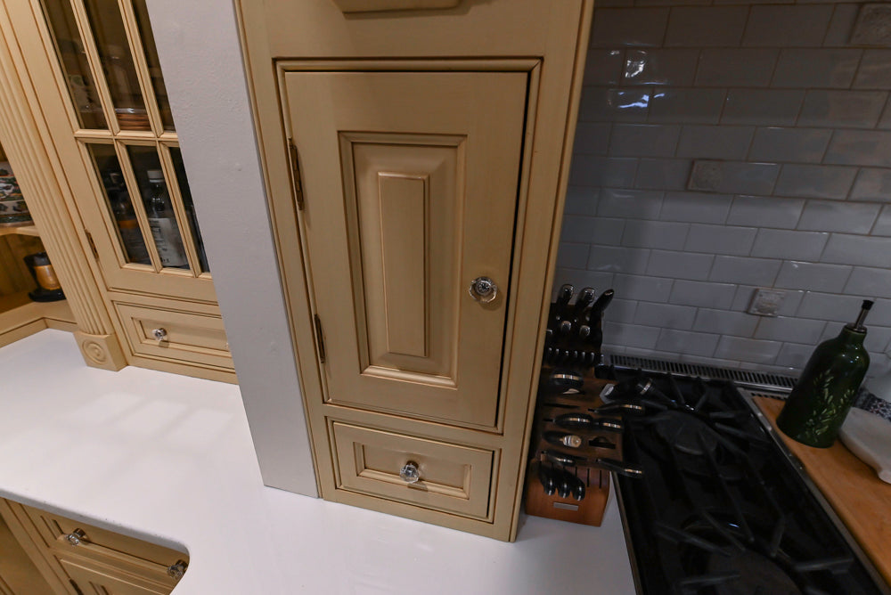 Custom Traditional "Clive-esque" Kitchen with Marble Countertops, Wood Top Island and Appliances