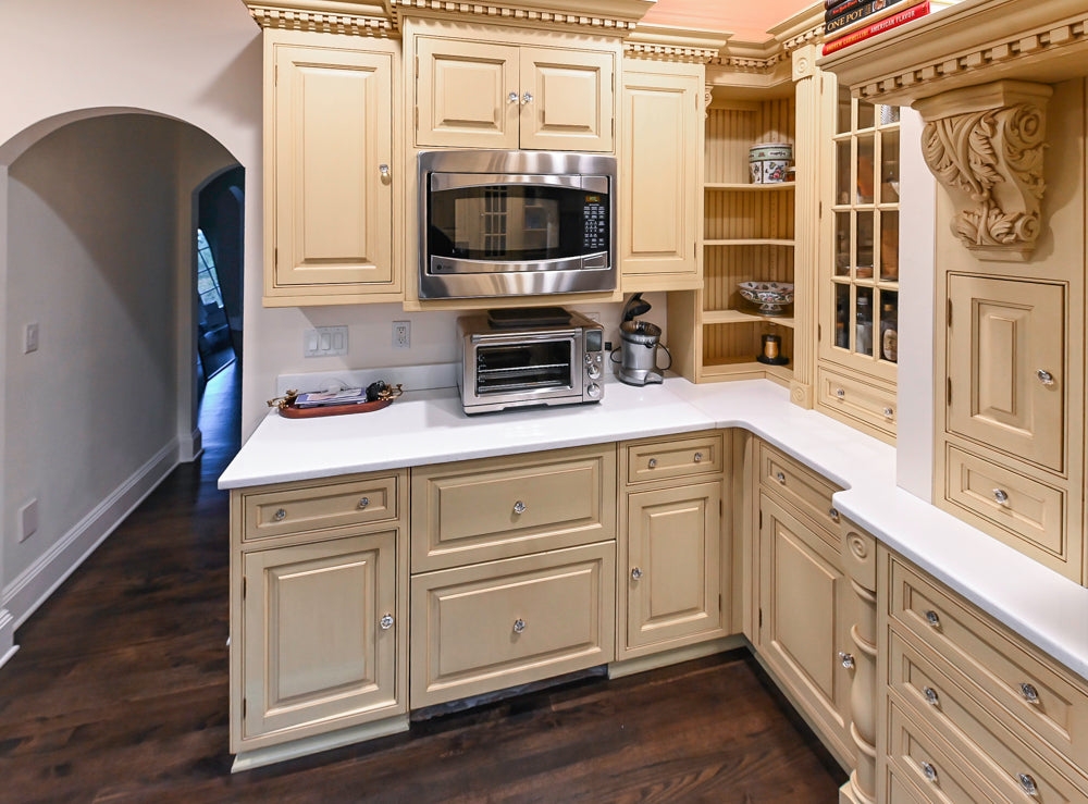 Custom Traditional "Clive-esque" Kitchen with Marble Countertops, Wood Top Island and Appliances