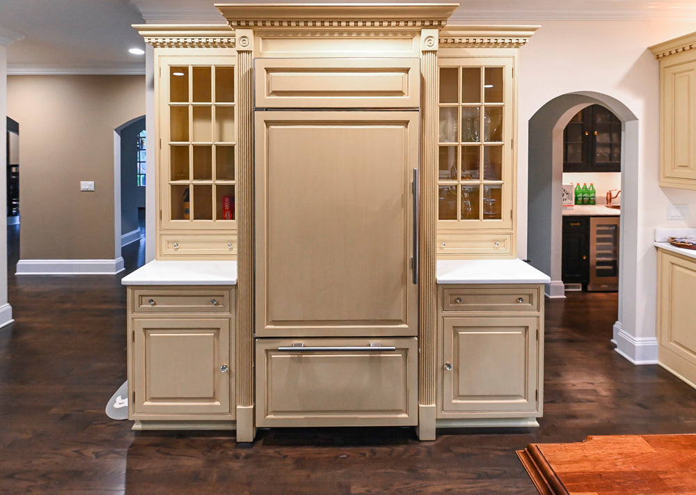 Custom Traditional "Clive-esque" Kitchen with Marble Countertops, Wood Top Island and Appliances