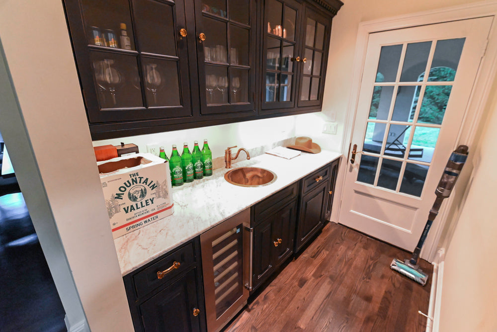 Custom Traditional Black Butler's Pantry with Marble Countertops