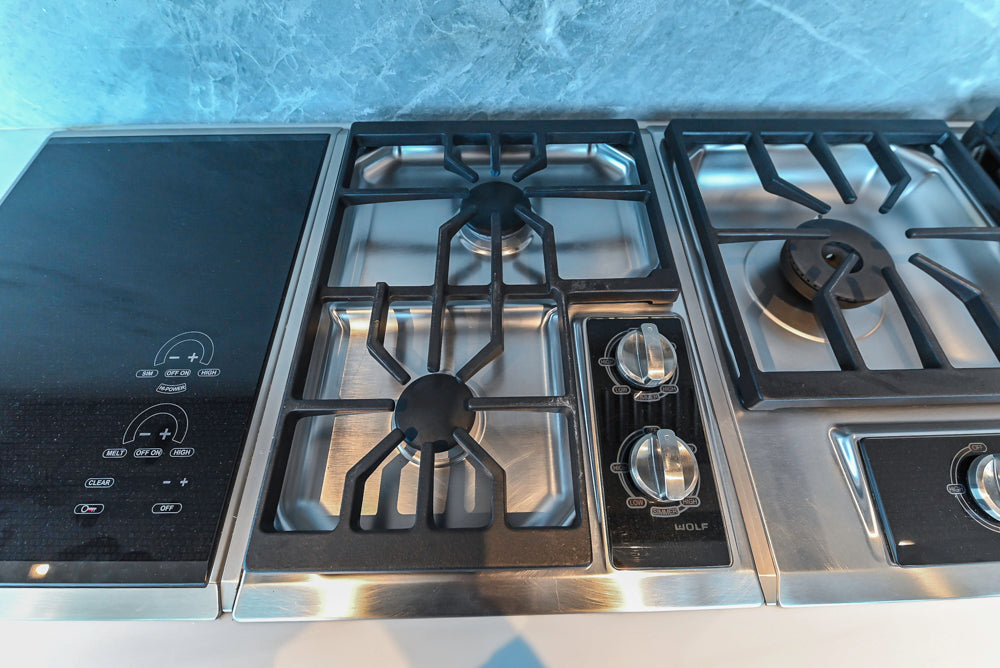 Custom Modern Wood Veneer Kitchen with White Marble Countertops and Wolf & Miele Appliances