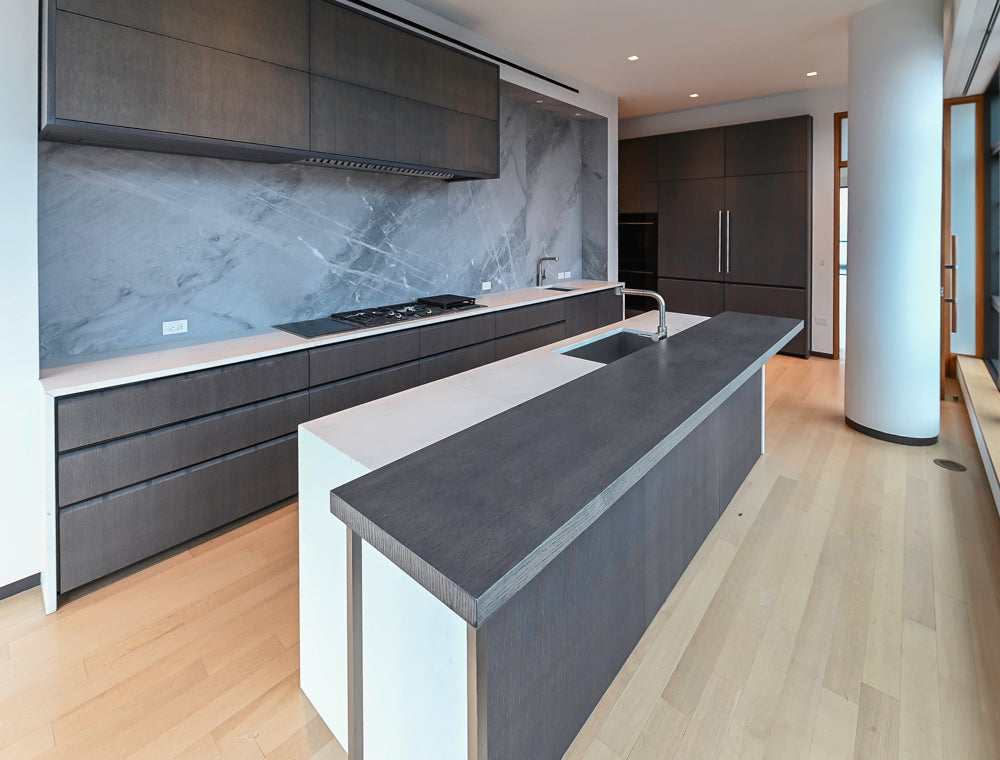 Custom Modern Wood Veneer Kitchen with White Marble Countertops and Wolf & Miele Appliances