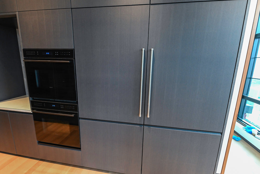 Custom Modern Wood Veneer Kitchen with White Marble Countertops and Wolf & Miele Appliances