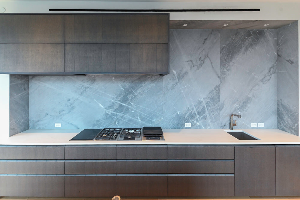 Custom Modern Wood Veneer Kitchen with White Marble Countertops and Wolf & Miele Appliances