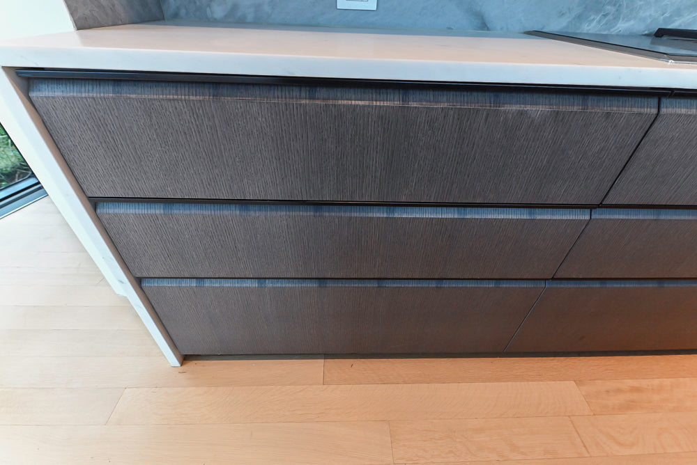 Custom Modern Wood Veneer Kitchen with White Marble Countertops and Wolf & Miele Appliances