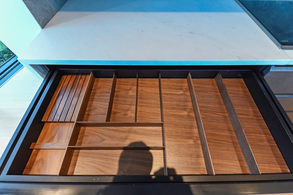 Custom Modern Wood Veneer Kitchen with White Marble Countertops and Wolf & Miele Appliances