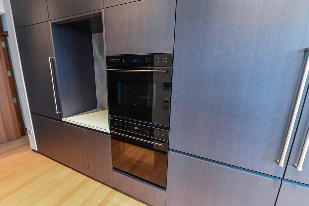 Custom Modern Wood Veneer Kitchen with White Marble Countertops and Wolf & Miele Appliances
