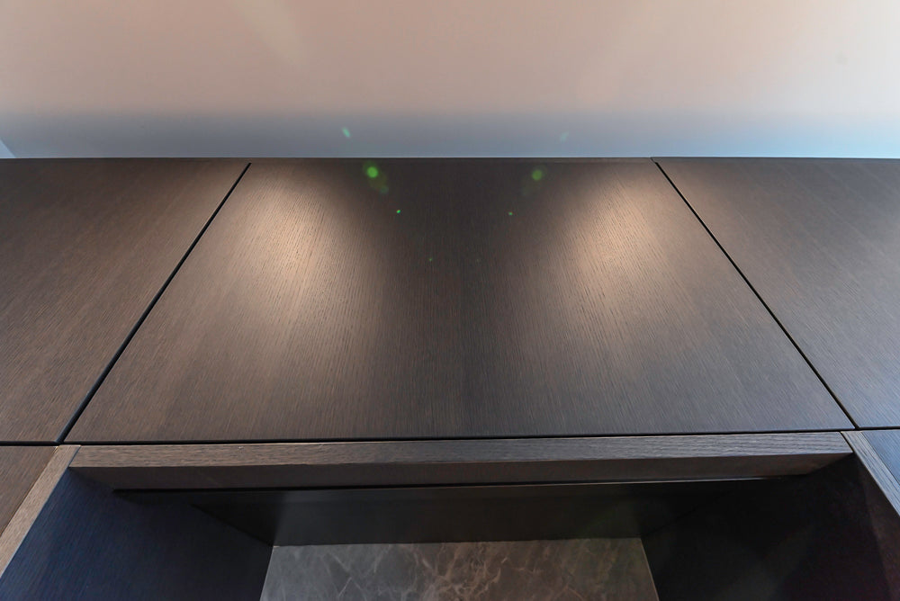 Custom Modern Wood Veneer Kitchen with White Marble Countertops and Wolf & Miele Appliances