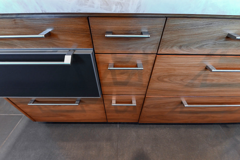 Custom Modern Tigerwood Kitchen with Marble Countertops and Gaggenau Appliances