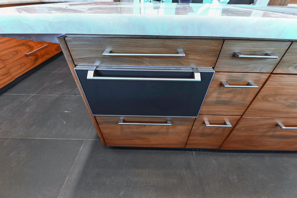 Custom Modern Tigerwood Kitchen with Marble Countertops and Gaggenau Appliances