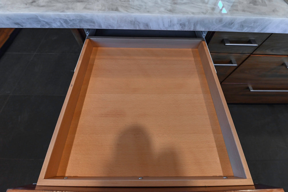 Custom Modern Tigerwood Kitchen with Marble Countertops and Gaggenau Appliances