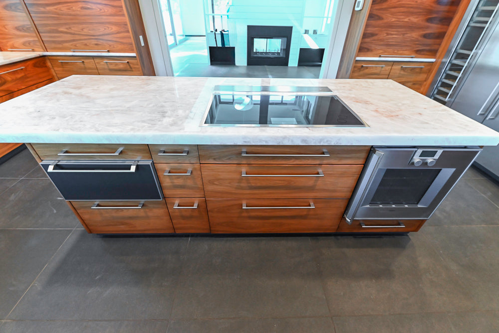 Custom Modern Tigerwood Kitchen with Marble Countertops and Gaggenau Appliances