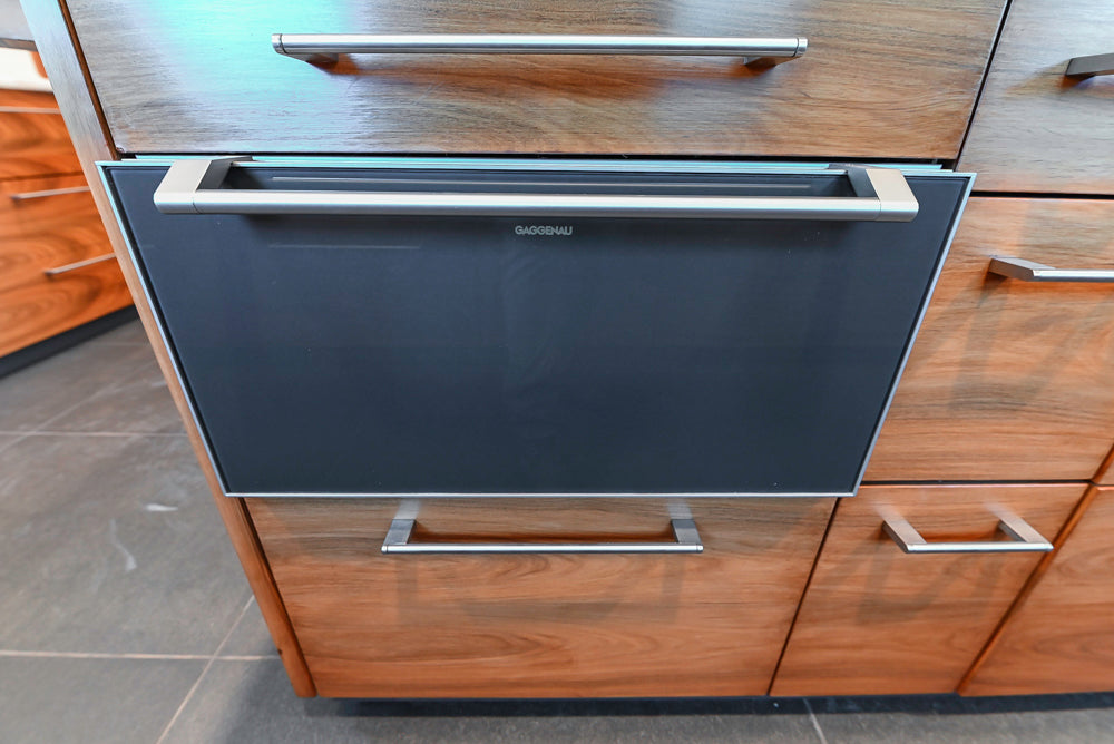 Custom Modern Tigerwood Kitchen with Marble Countertops and Gaggenau Appliances