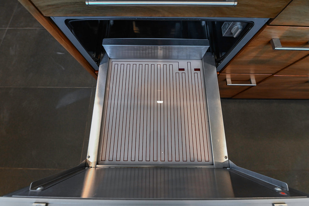 Custom Modern Tigerwood Kitchen with Marble Countertops and Gaggenau Appliances