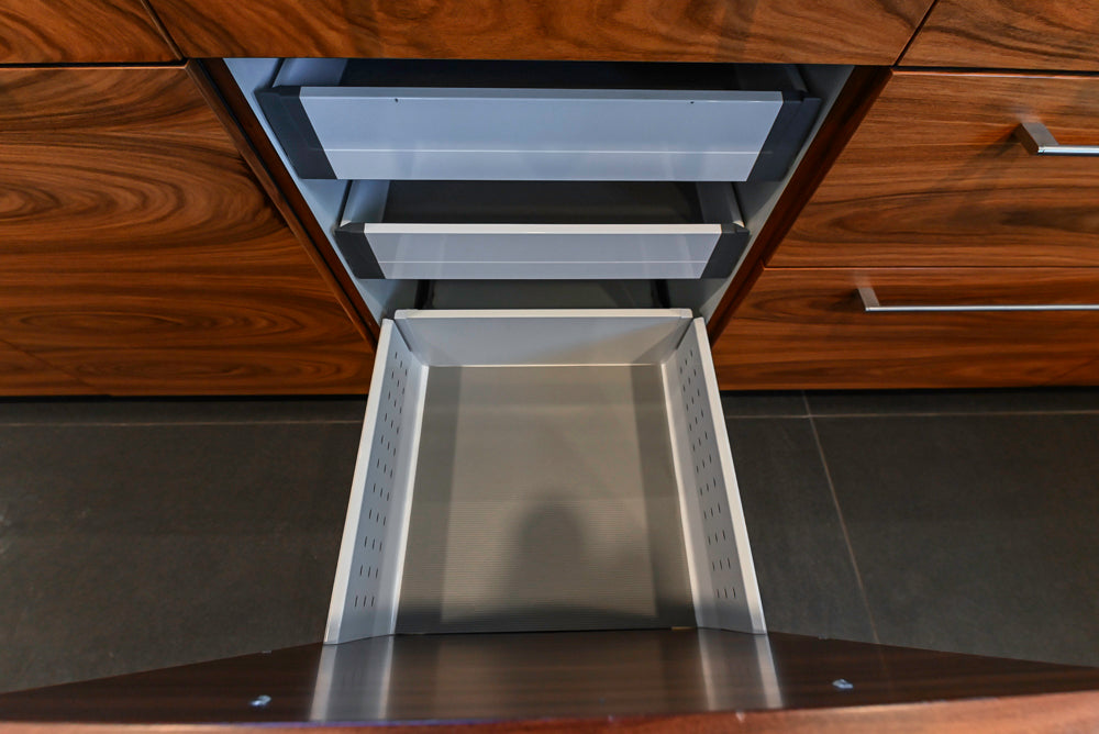 Custom Modern Tigerwood Kitchen with Marble Countertops and Gaggenau Appliances