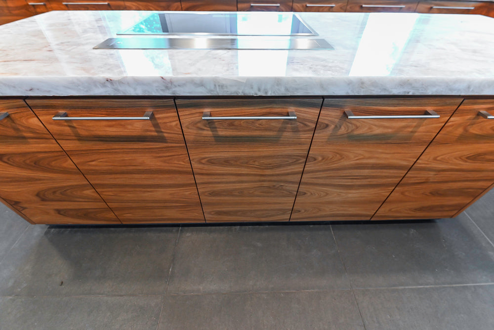 Custom Modern Tigerwood Kitchen with Marble Countertops and Gaggenau Appliances