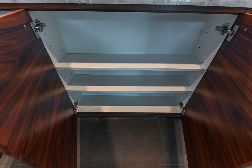 Custom Modern Tigerwood Kitchen with Marble Countertops and Gaggenau Appliances