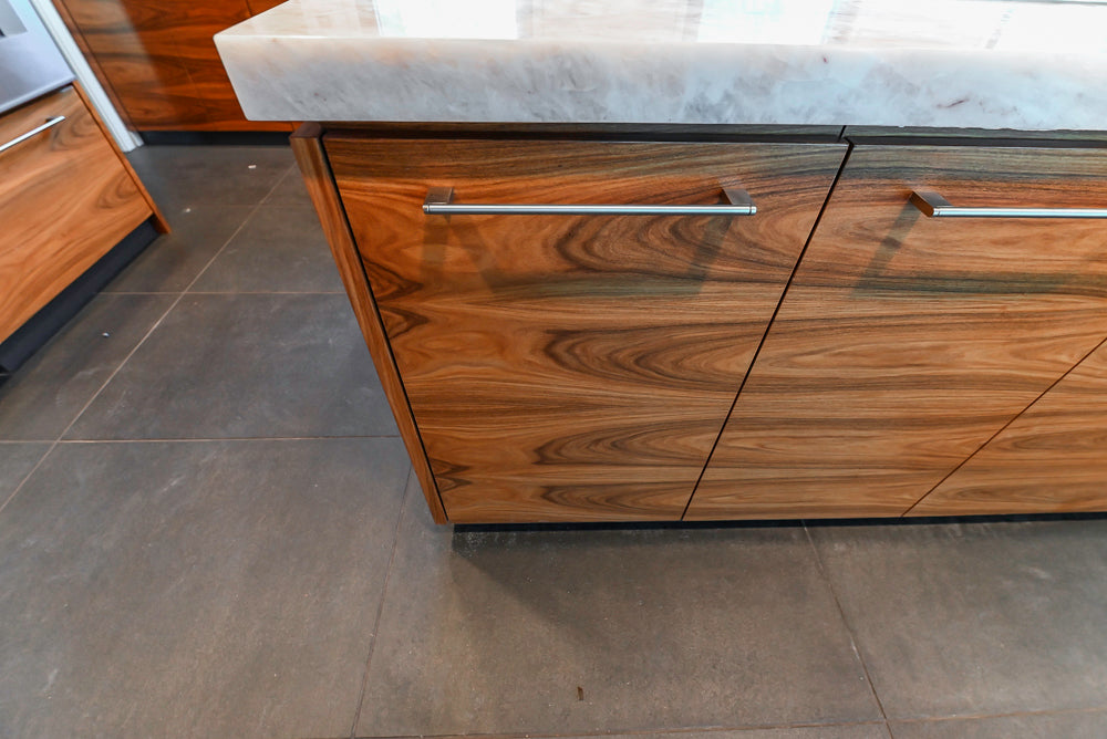 Custom Modern Tigerwood Kitchen with Marble Countertops and Gaggenau Appliances