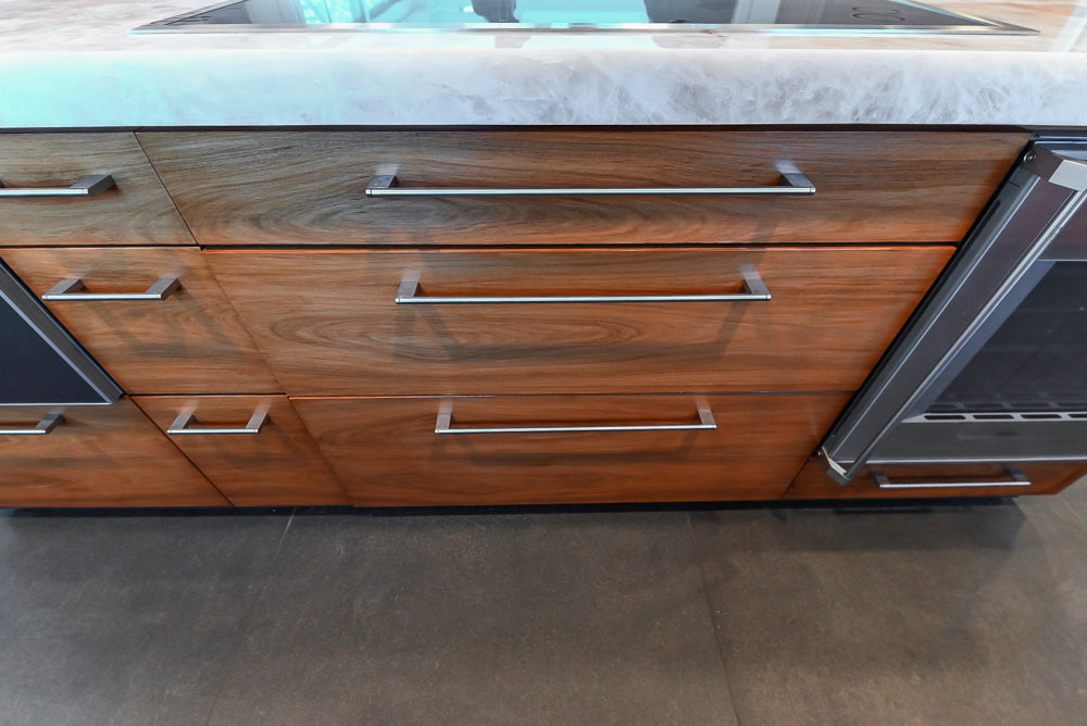 Custom Modern Tigerwood Kitchen with Marble Countertops and Gaggenau Appliances