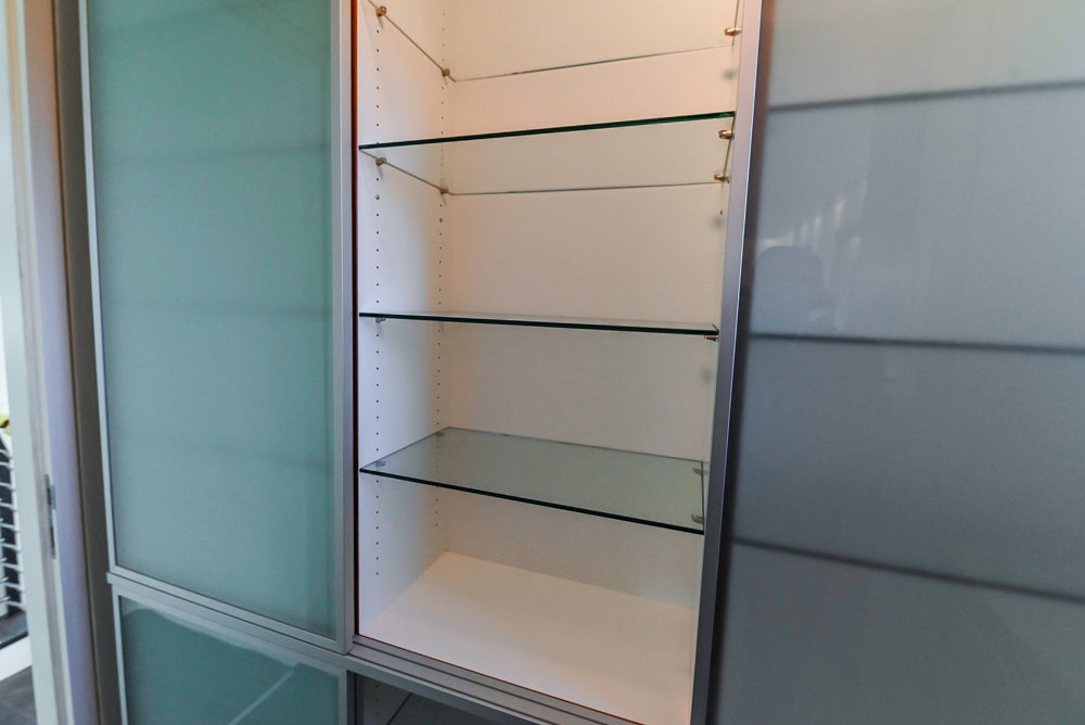 Custom Modern Tigerwood & Glass Paned Butler's Pantry with Marble Countertops