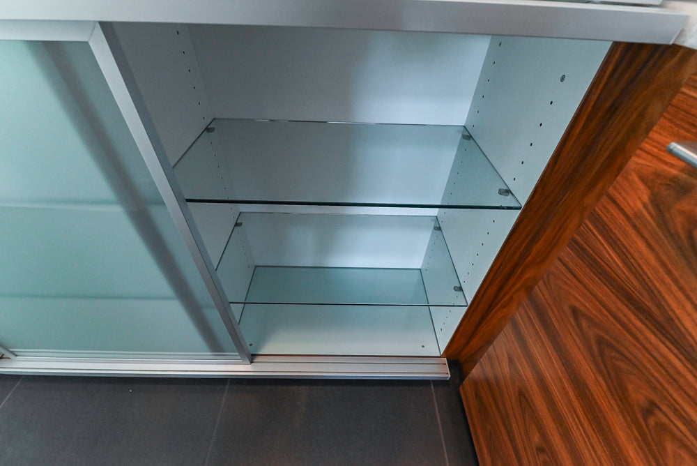 Custom Modern Tigerwood & Glass Paned Butler's Pantry with Marble Countertops