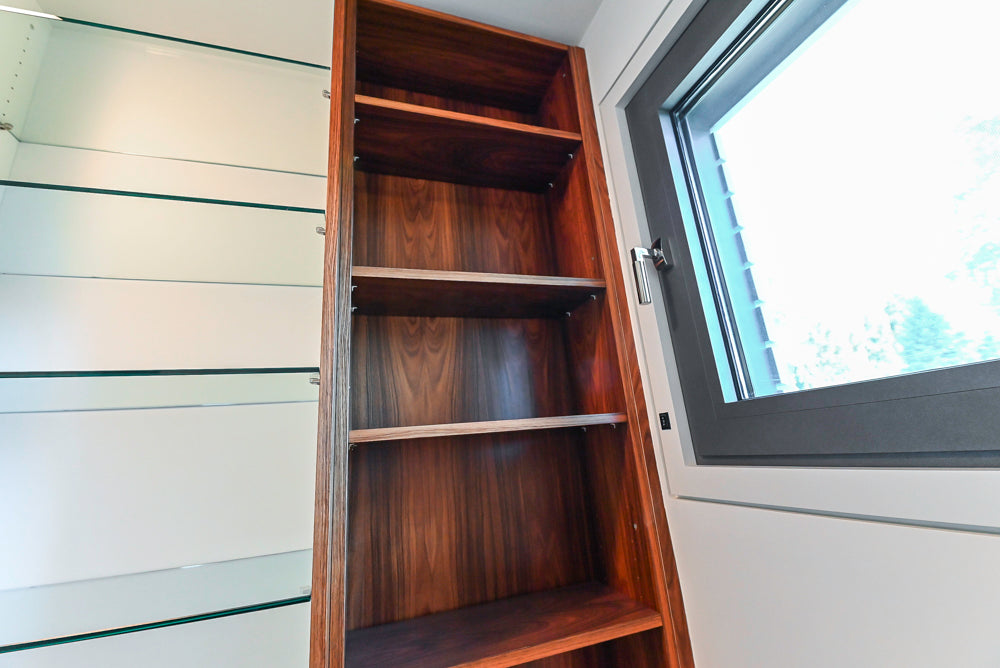 Custom Modern Tigerwood & Glass Paned Butler's Pantry with Marble Countertops