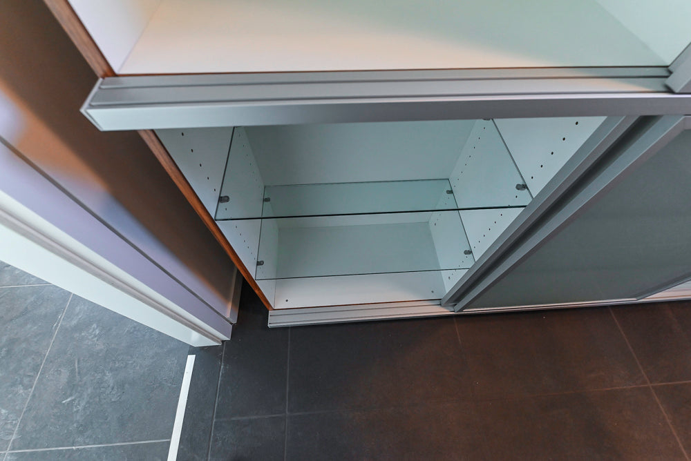 Custom Modern Tigerwood & Glass Paned Butler's Pantry with Marble Countertops