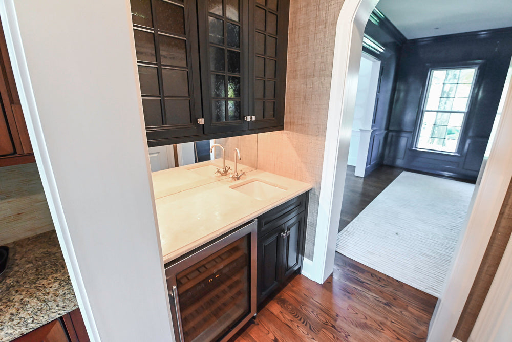 Century Traditional Black Wooden Wet Bar with Stone Countertops with Sub-Zero Wine Cooler