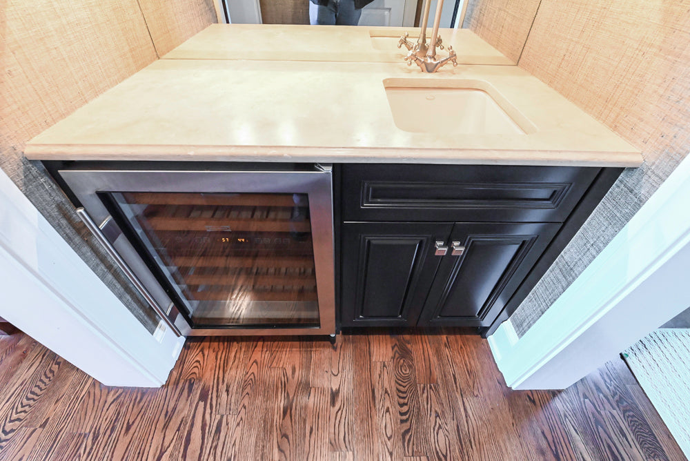 Century Traditional Black Wooden Wet Bar with Stone Countertops with Sub-Zero Wine Cooler