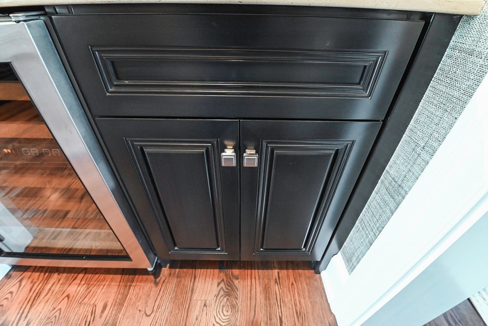 Century Traditional Black Wooden Wet Bar with Stone Countertops with Sub-Zero Wine Cooler
