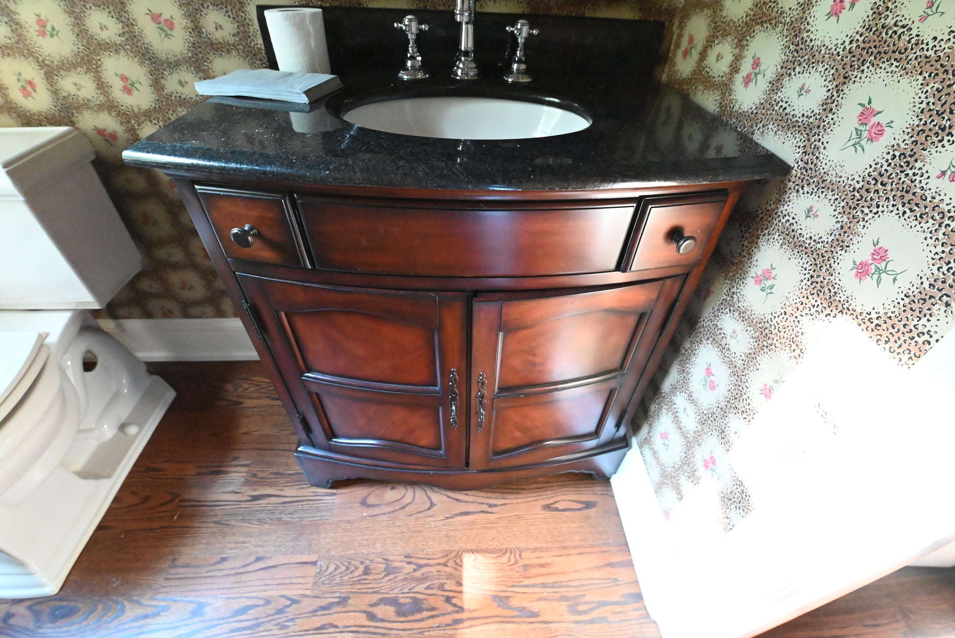 Traditional 34" Stained Dark Brown Wood Vanity with Black Top, Sink and Faucet