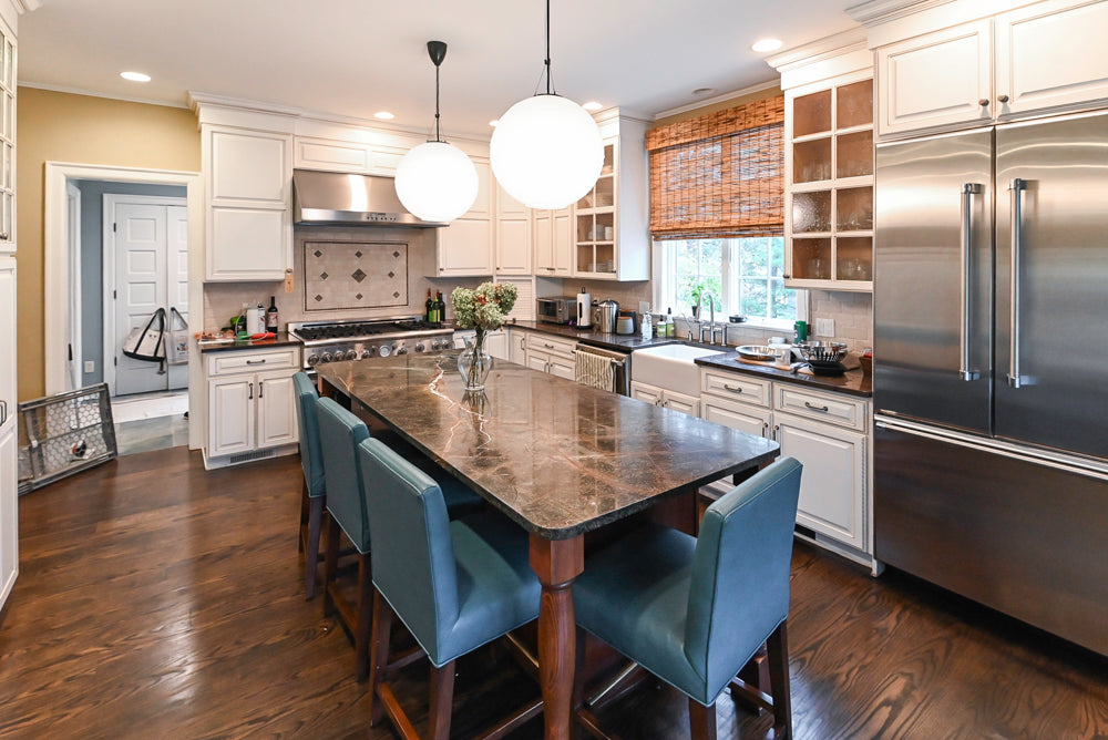 “The Whitby” Traditional Distressed White Kitchen with Island, Desk Area & Thermador Appliances