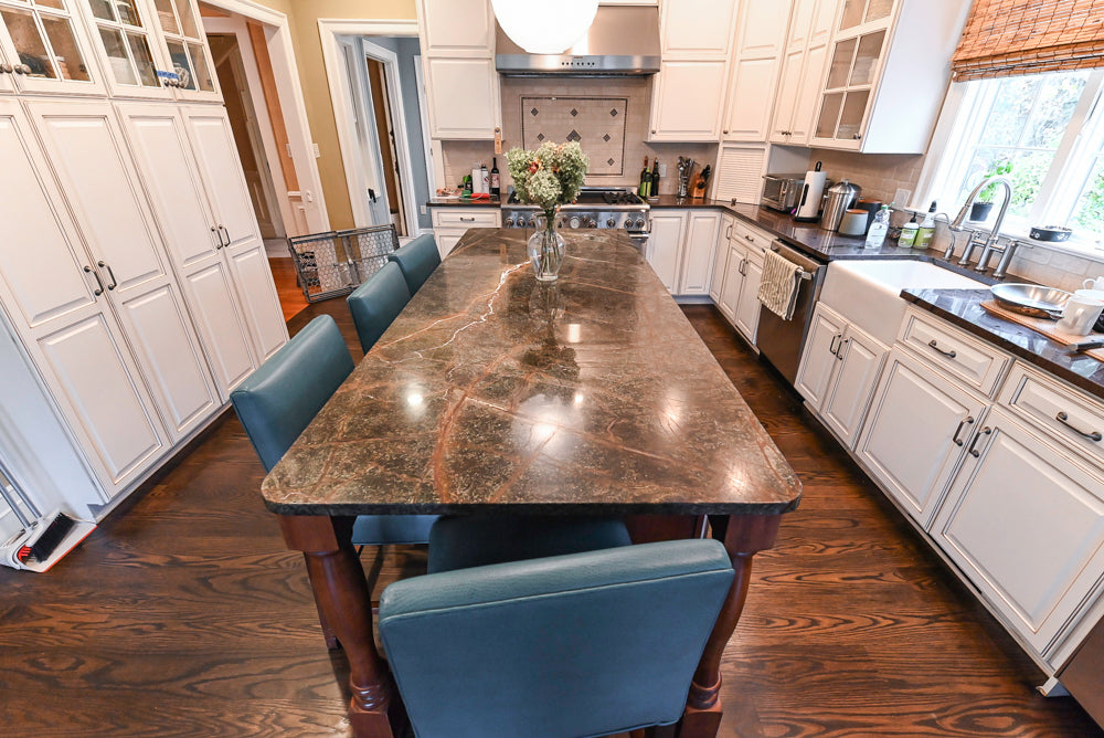 "The Whitby" Traditional Distressed White Kitchen with Island, Desk Area & Thermador Appliances