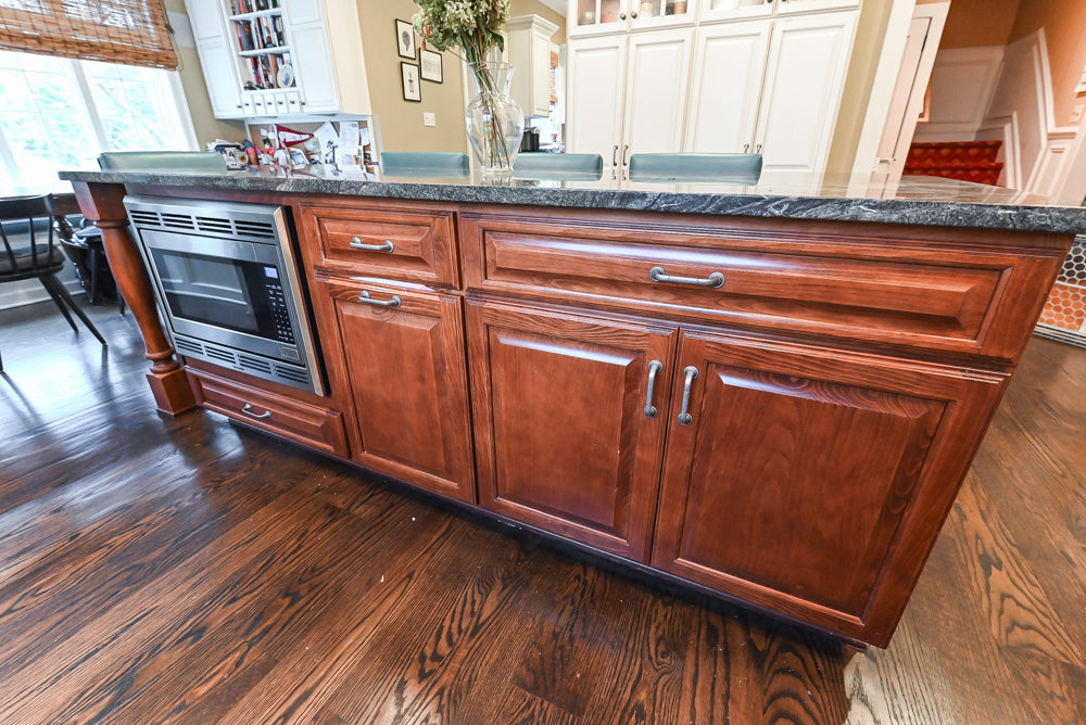 "The Whitby" Traditional Distressed White Kitchen with Island, Desk Area & Thermador Appliances